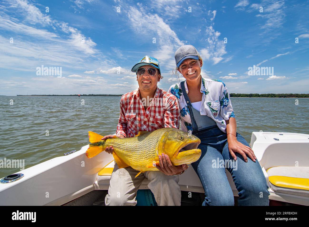 Grown white man and young woman holding a big specimen of golden dorado (Salminus Brasiliensis) during a fishing day. Stock Photo