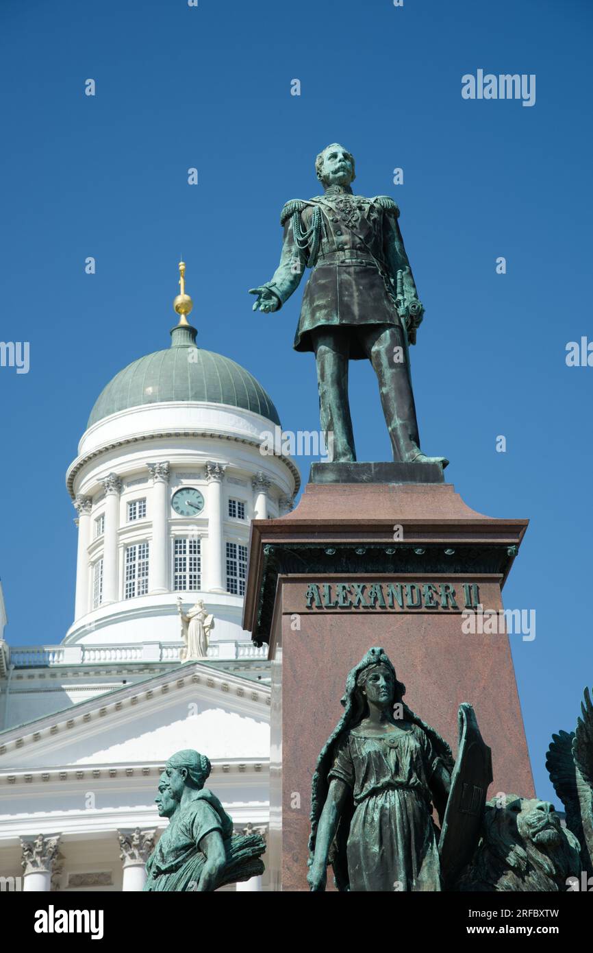 Statue of Grand Duke of Finland Alexander II in front of the cathedral in Senate Square Helsinki, Finland Stock Photo