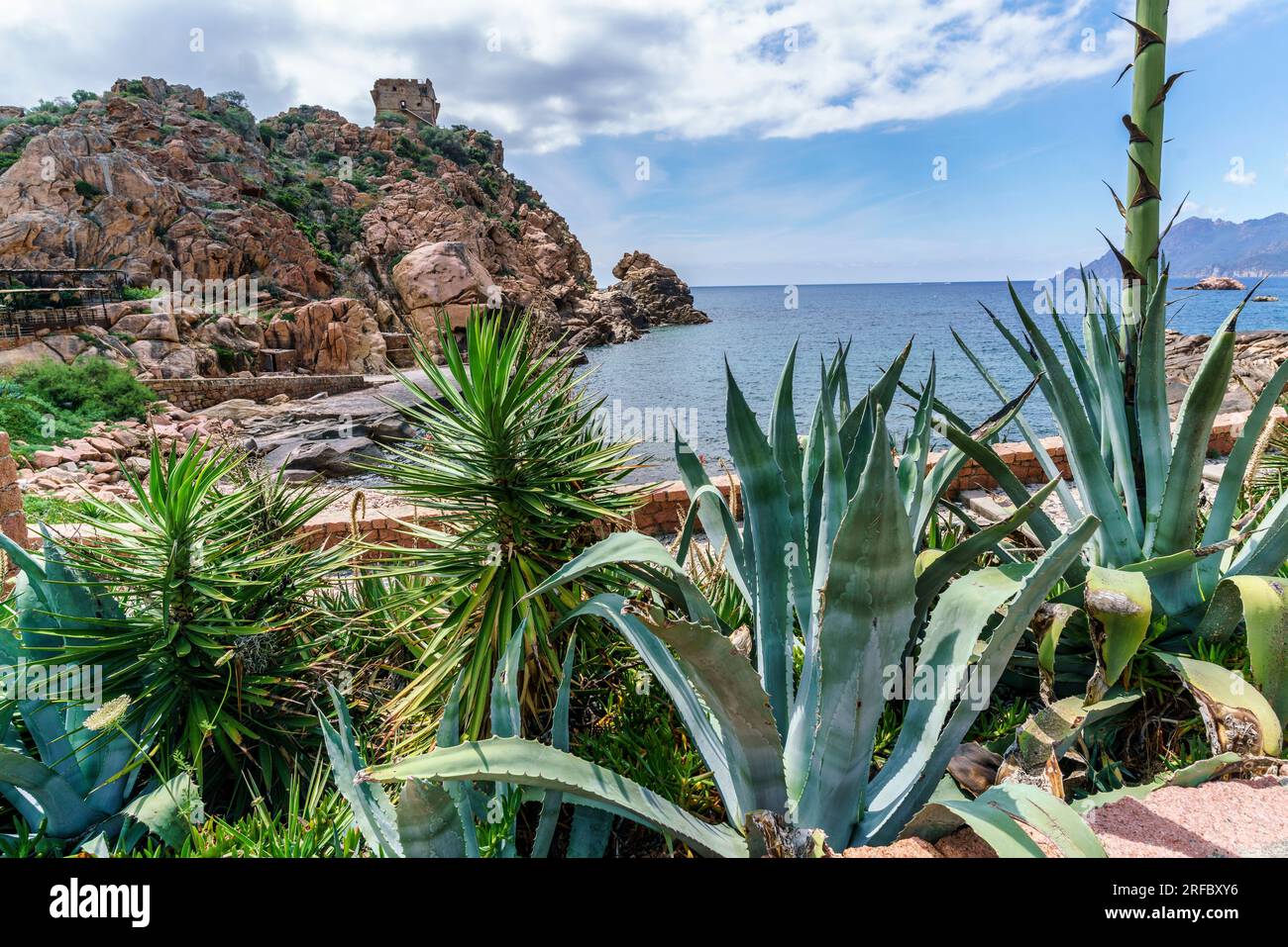 Küstenlandschaft bei Porto, Festungsturm, Algarven, Felsen, Mittelmeer, Korsika, Frankreich, Europa Stock Photo