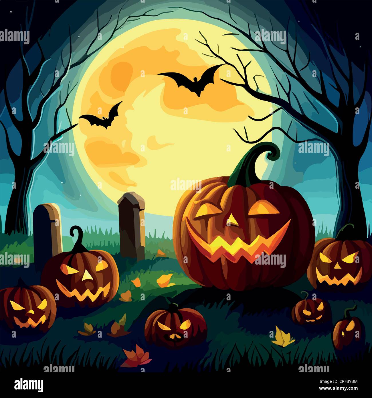 Cemetery and pumpkins. Halloween background with bats and trees
