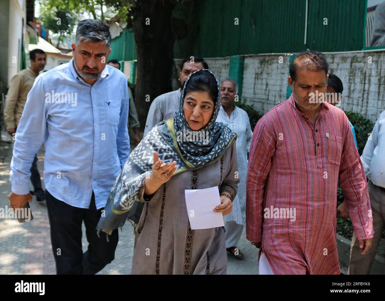 August 02, 2023, Srinagar Kashmir, India : Former Jammu and Kashmir Chief Minister Mehbooba Mufti, leader of The Jammu and Kashmir Peoples Democratic Party (PDP), arrive for addressing a press conference over the Supreme Court hearing on Article 370 abrogation, in Srinagar. The Supreme Court of India is hearing from 02 August a batch of petitions challenging the abrogation of Article 370 of the Indian Constitution that bestowed a special semi-autonomous status to the former state of Jammu and Kashmir. Prime Minister Narendra Modi-led government in India repealed Article 370 on 05 August 2019,  Stock Photo