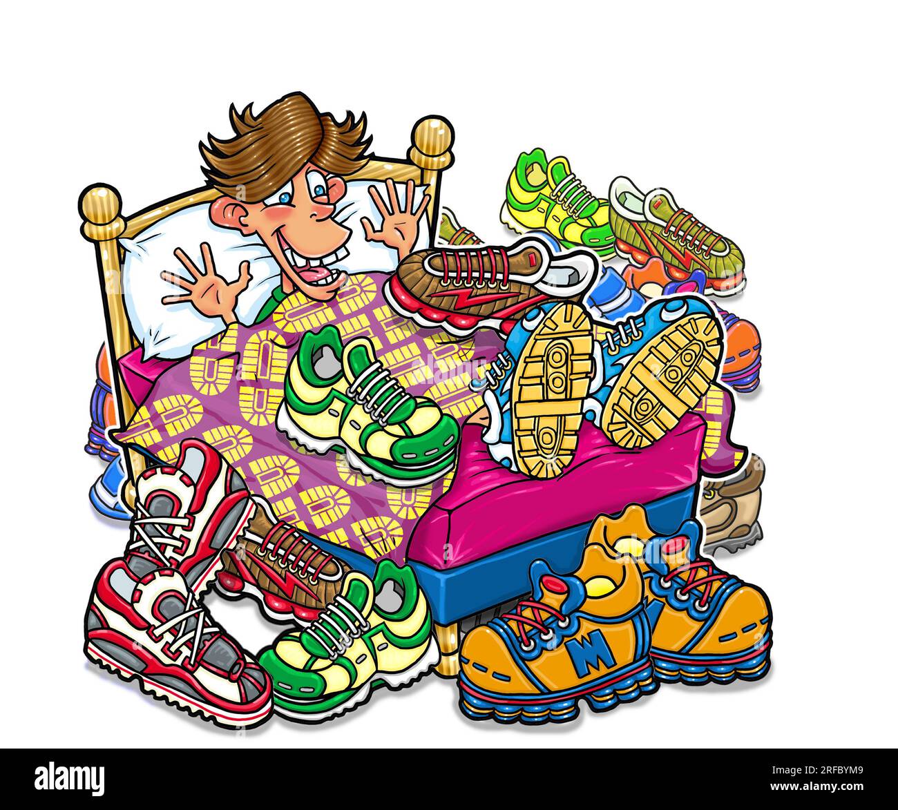 Boy in bed, opening his presents to find lots of trainers, trainer collector, sneaker collector, sneakerhead, hobby, clothing, fashion, concept art Stock Photo