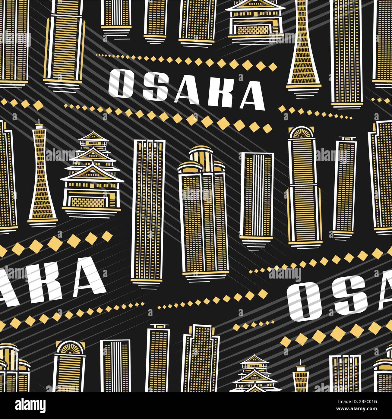 Vector Osaka Seamless Pattern, square repeat background with illustration of famous asian osaka city scape on dark background for wrapping paper, deco Stock Vector