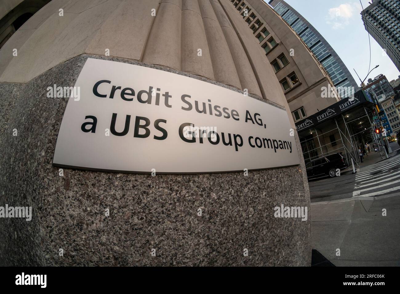 A sign on the New York headquarters of Credit Suisse, now owned by the UBS Group AG, on Madison Ave. on Wednesday, July 26, 2023.  (© Richard B. Levine) Stock Photo