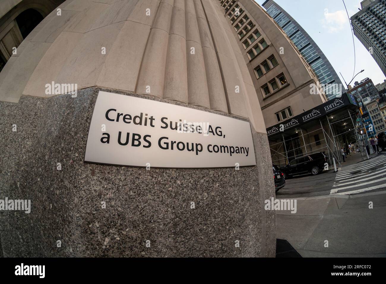 A sign on the New York headquarters of Credit Suisse, now owned by the UBS Group AG, on Madison Ave. on Wednesday, July 26, 2023.  (© Richard B. Levine) Stock Photo