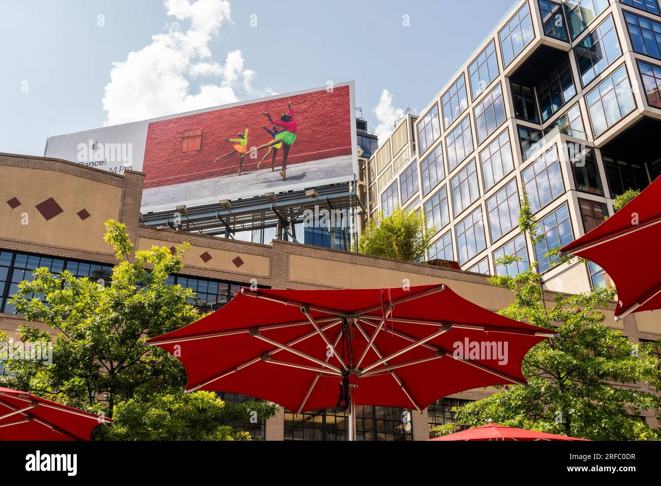 iPhone advertising atop the Apple store in the Meatpacking District of New York on Monday, July 31, 2023.   (© Richard B. Levine) Stock Photo