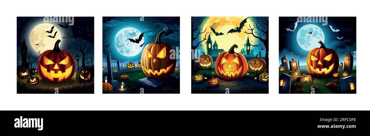 Banner set Jack O Lanterns halloween pumpkins and grave marker on dark ...