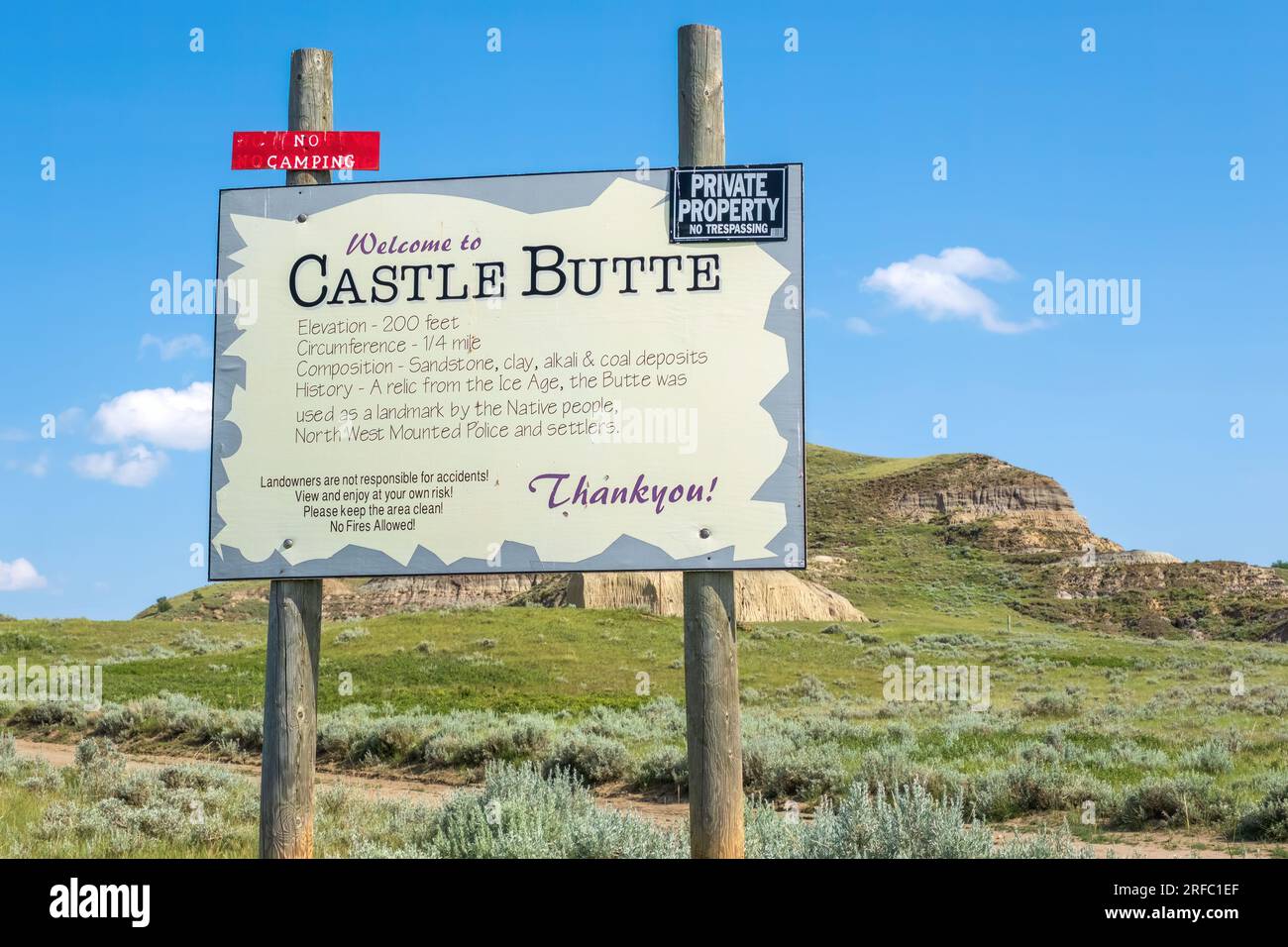 Castle Butte in Big Beaver Saskatchewan is part of the Big Muddy Valley Badlands that extend from Saskatchewan into Montana. Stock Photo