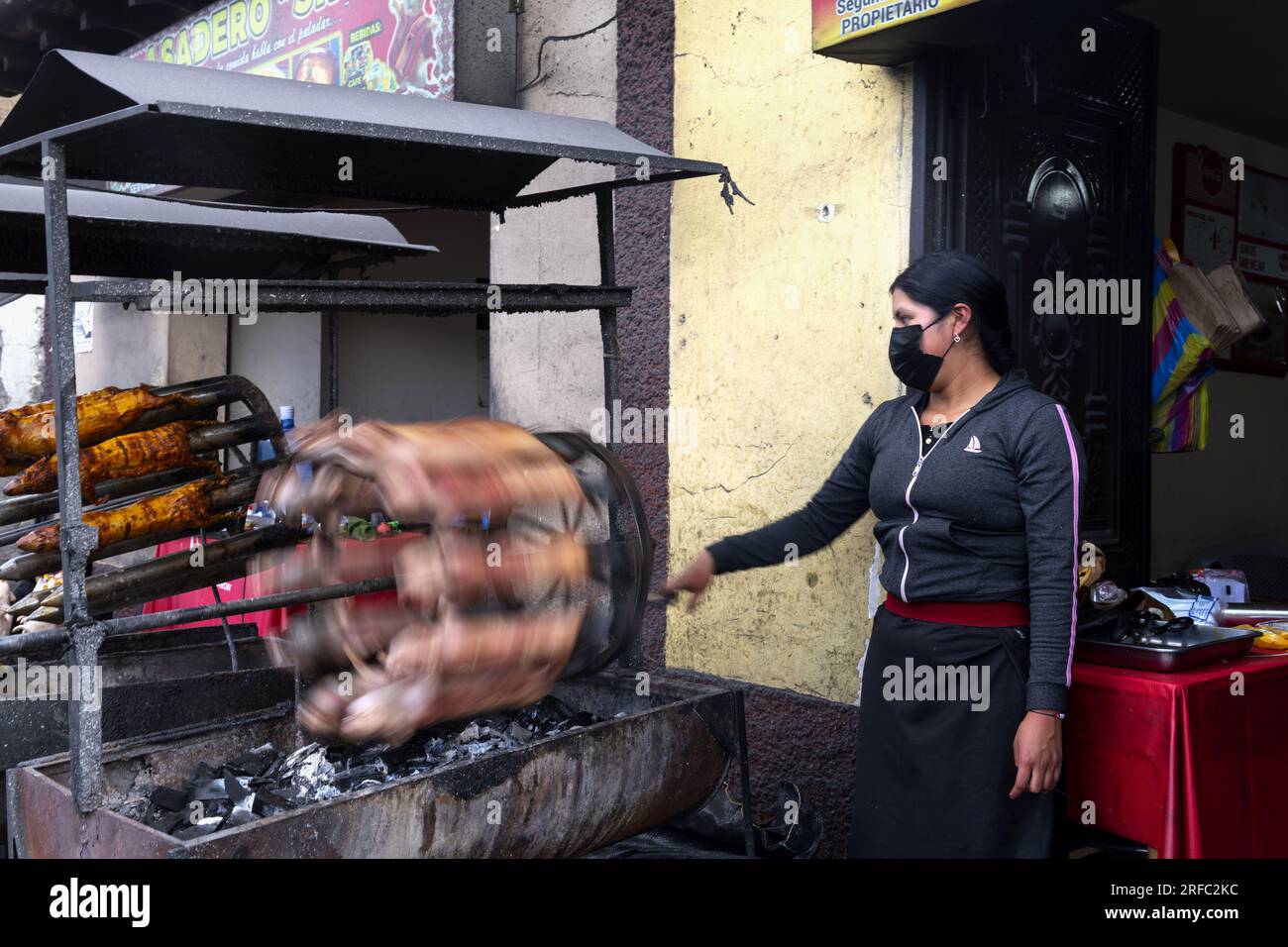 Woman prepares guinea pigs on a barbecue carousel Stock Photo