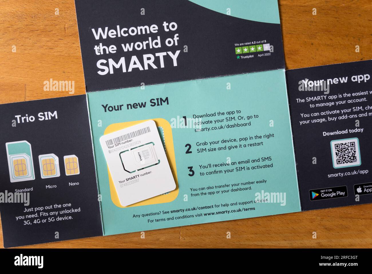 A new SMARTY SIM card.  NB: Personal data anonymised. Stock Photo