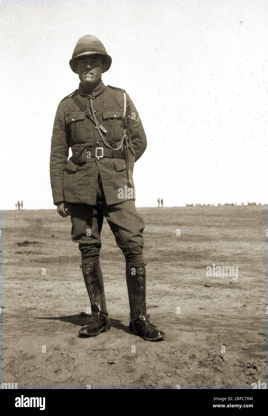 circa 1915, historical, WW1, British soldier in uniform, wearing helmet and puttees. Stock Photo