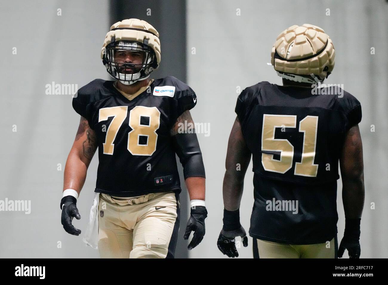 Metairie, USA. 04th Aug, 2023. Offensive guard Erik McCoy (78) and