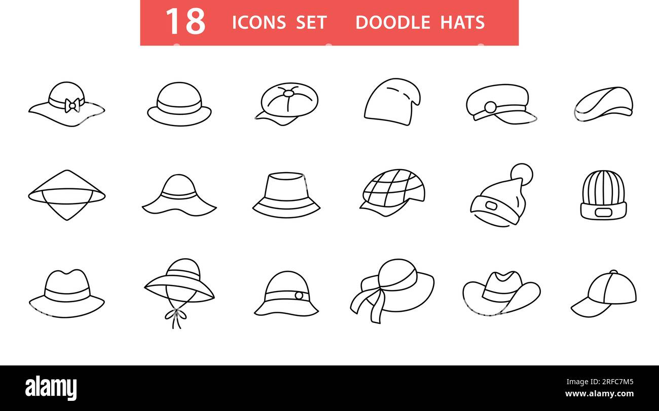 Hat types doodle icons set Different hats isolated Stock Vector