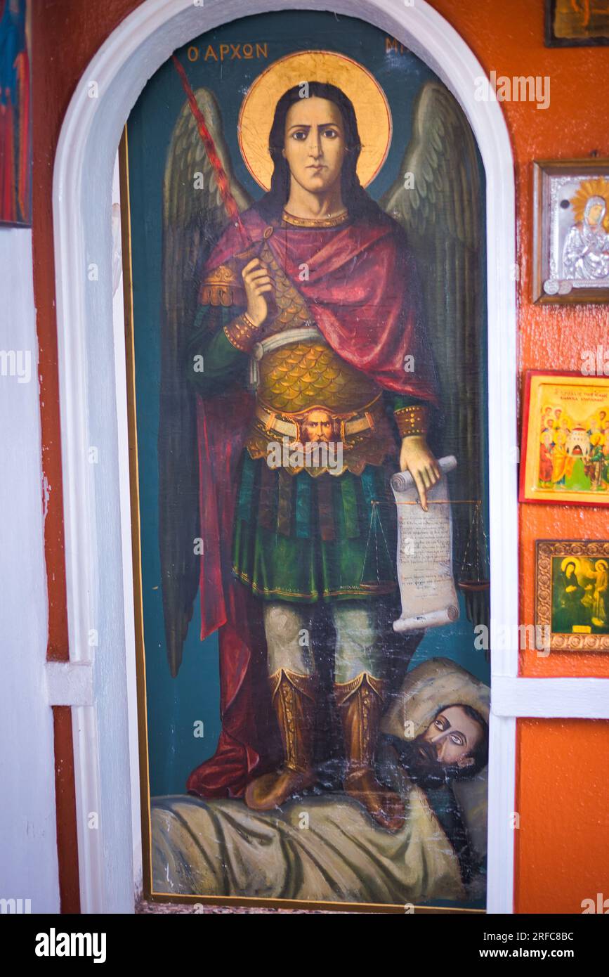 Archangel Michael. Unique icon of the 19th century in a small church in Greece. Stock Photo