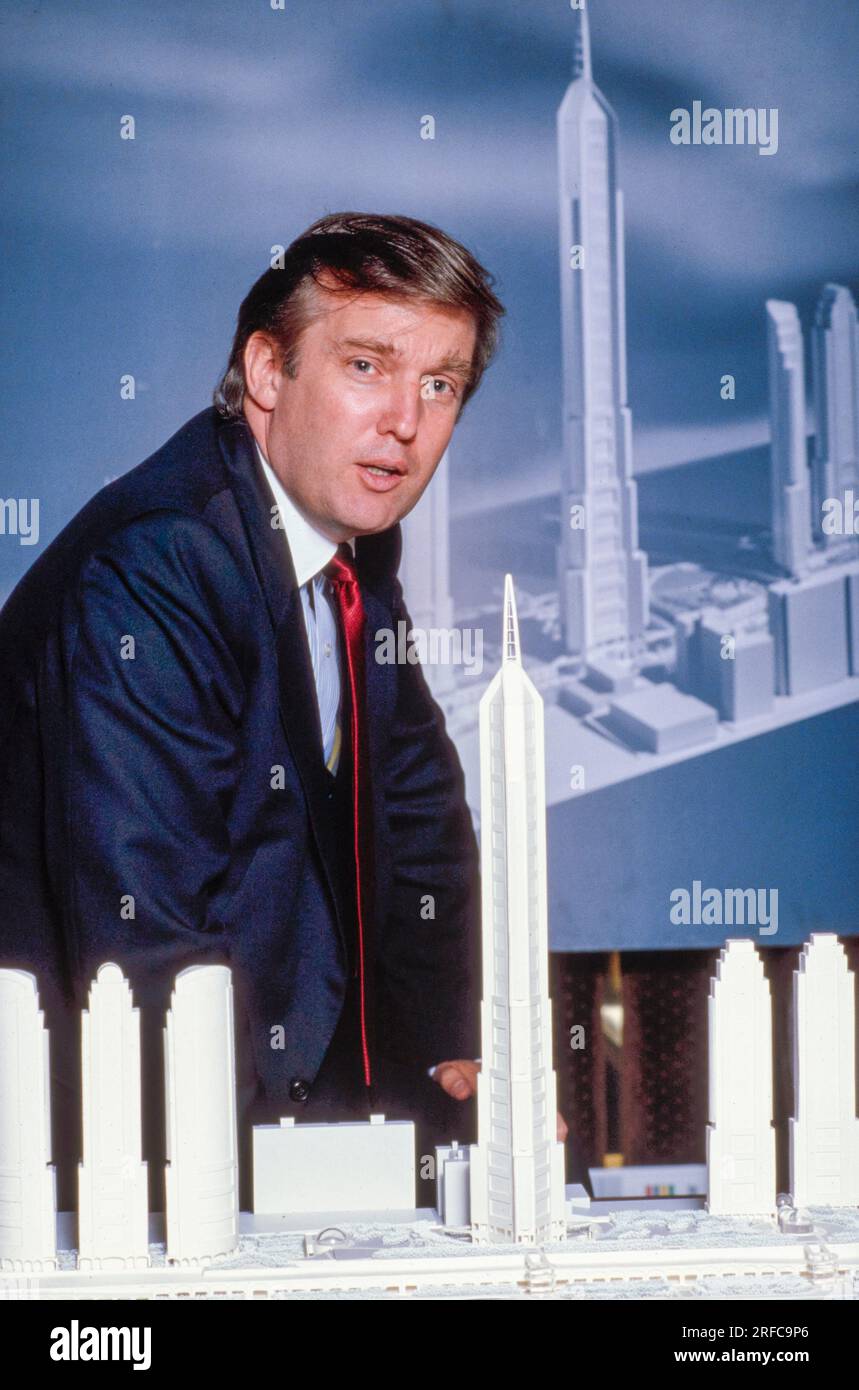 Developer Donald Trump of the Trump Organization, with architectural models of buildings of the New York skyline. Photograph by Bernard Gotfryd Stock Photo