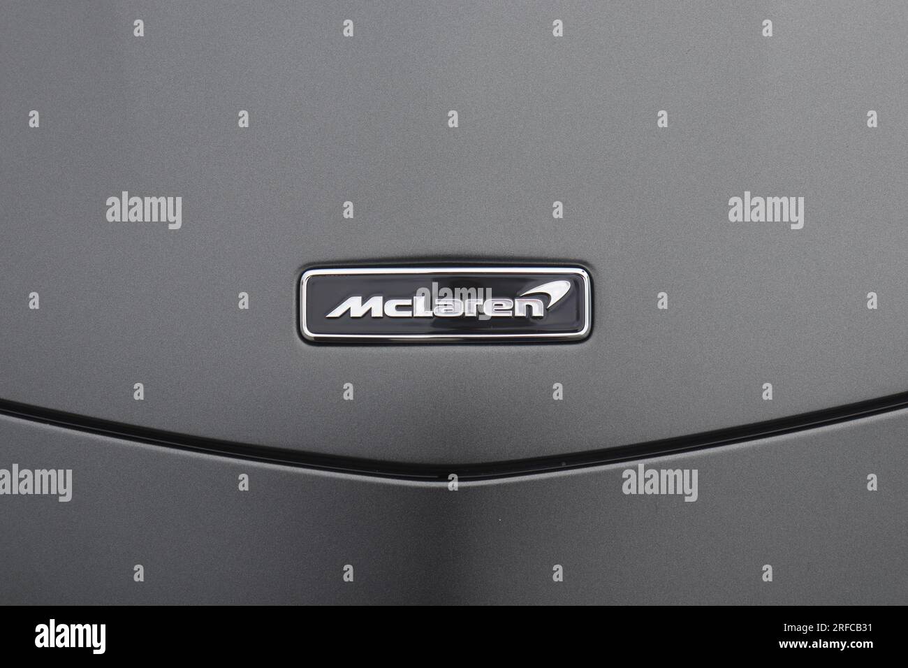 McLaren car logo in hood grey color. Stock Photo