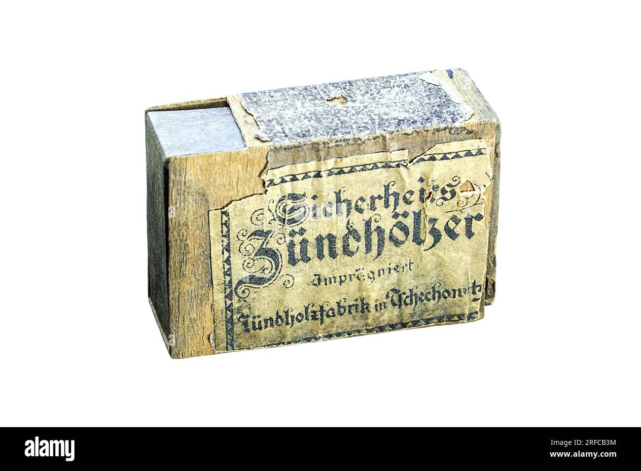 Old german matchbox, circa 1942, Czechowice, Poland. Isolated on white background. 'Sicherheits Zündhölzer imprägniert Zündholzfabrik in Tschechowitz' Stock Photo