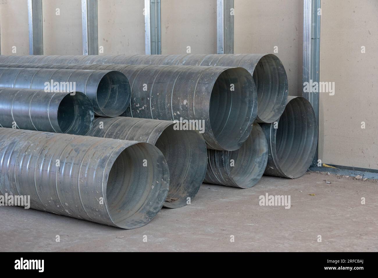 Sheet metal spiral duct in industrial manufacturing warehouse