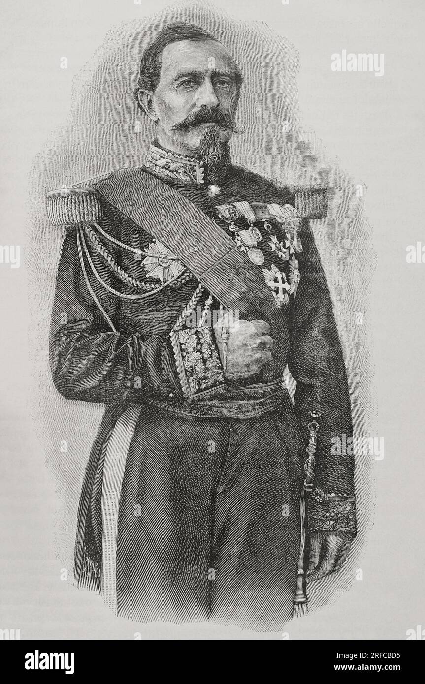 Charles Denis Bourbaki (1816-1897). French general. Portrait. Engraving. 'Historia de la Guerra Franco-Alemana' de 1870-1871'. Published in Barcelona, 1891. Stock Photo