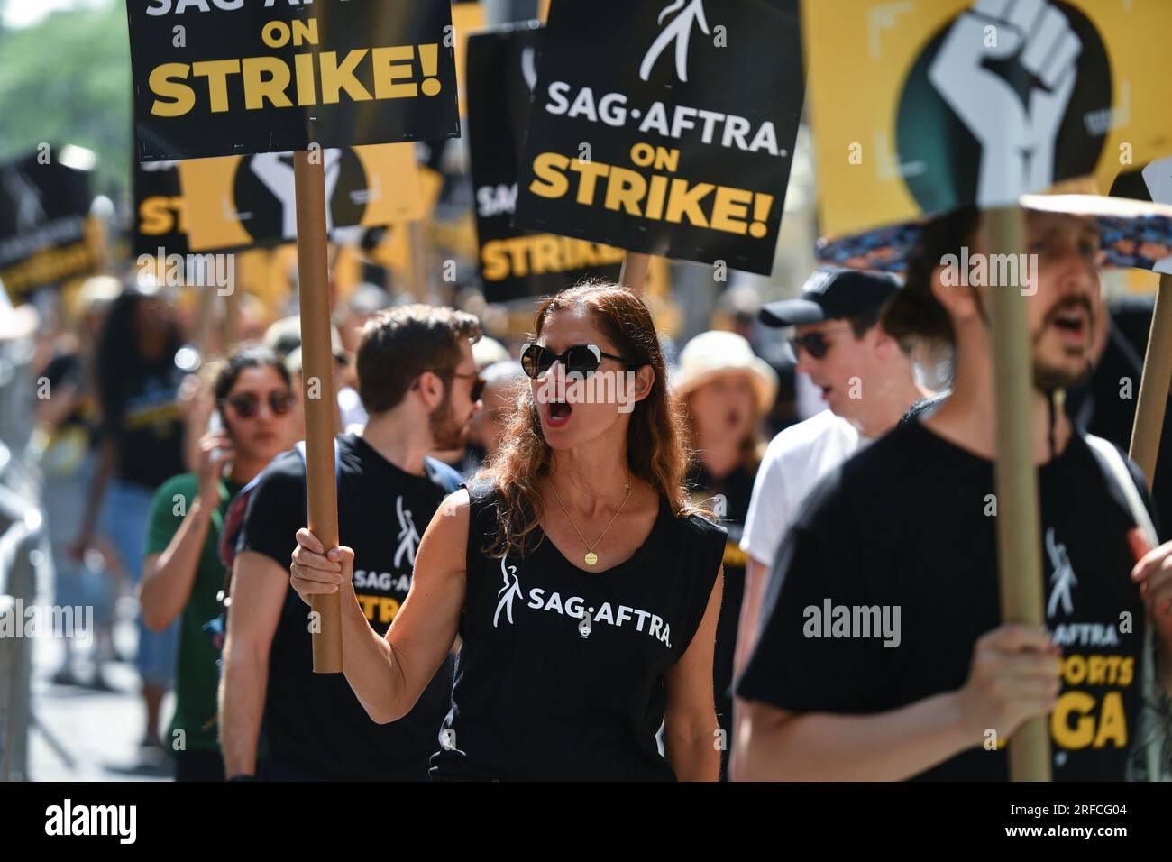 Jill Hennessy walks a picket line outside Warner Bros. Discovery Headquarters on July 26, 2023 in New York City. Stock Photo