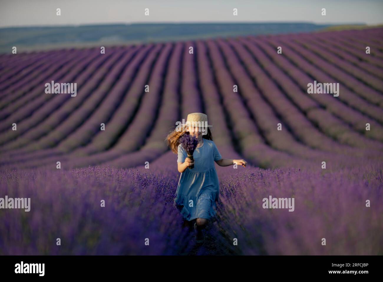 Lavender sunset girl. A girl in a blue dress with flowing hair in a hat ...