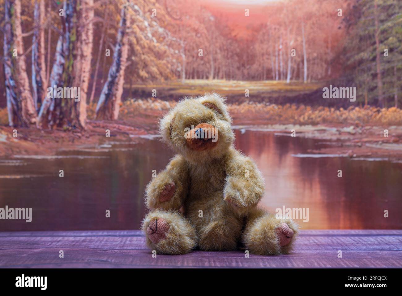 Small Brown Teddy bear sitting on a bench with an autumn scene in the ...