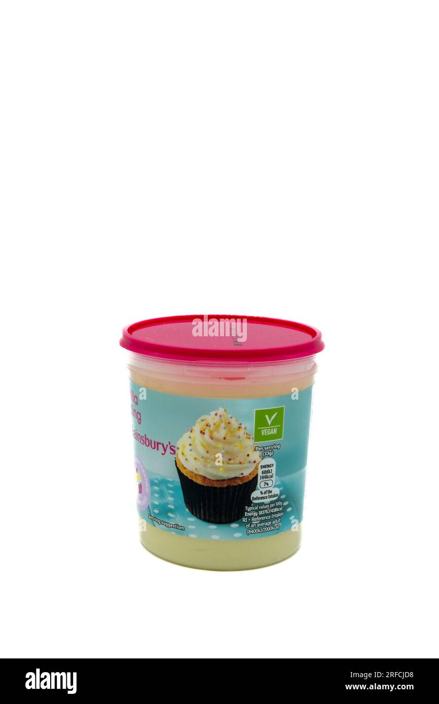 Irvine, Scotland, UKMay 06, 2023 Sainsbury’s branded vanilla frosting icing in a recyclable