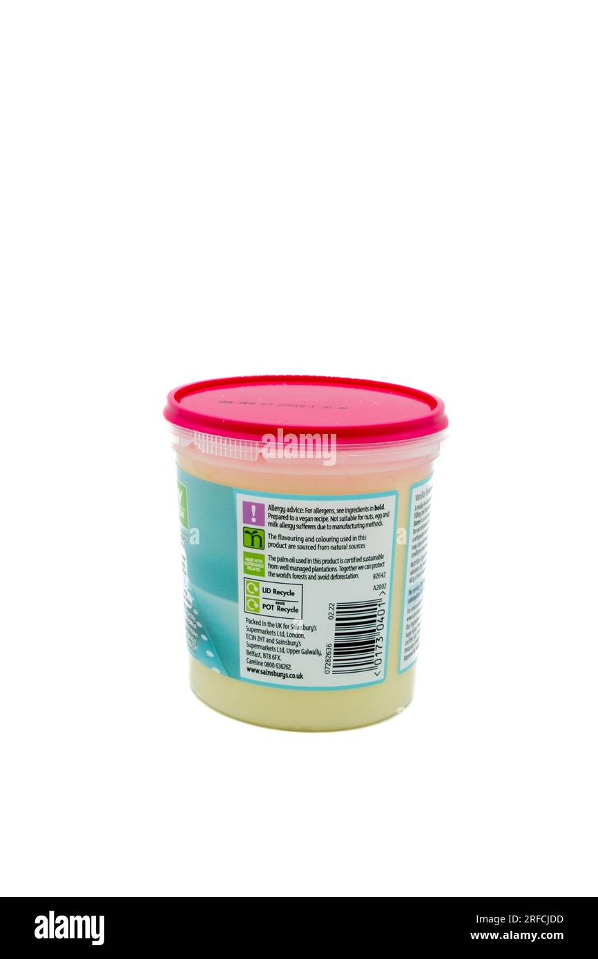 Irvine, Scotland, UKMay 06, 2023 Sainsbury’s branded vanilla frosting icing in a recyclable
