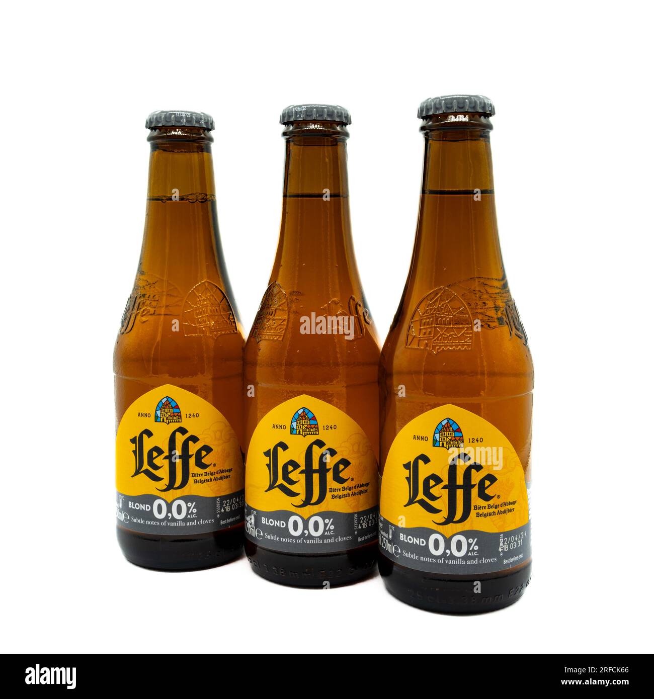 Irvine, Scotland, UK-July 21, 2023: Bottles of Leffe branded zero percent non alcohol beer in glass bottles that are recyclable and displaying graphic Stock Photo