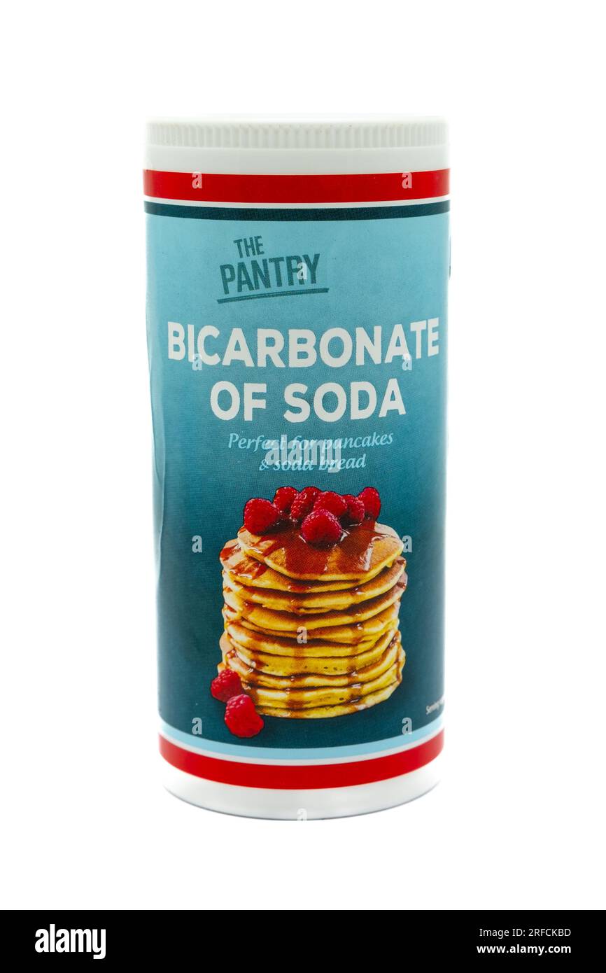 Irvine, Scotland, UK-July 21, 2023:Supplied for the Aldi brand is a plastic pot container of bicarbonate of soda that is recyclable and display graphi Stock Photo