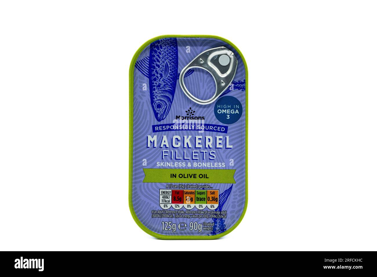 Irvine, Scotland, UK-July 21, 2023: One tine of Morrisons branded Mackerel fillets in olive oil and in a recyclable tin displaying the graphics icons Stock Photo