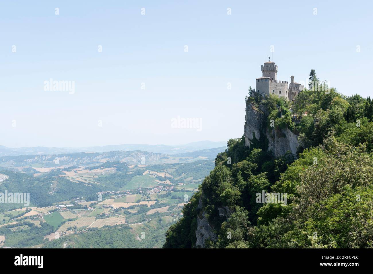 State of San Marino, Italy. July 2023. Panorama from the medieval walls