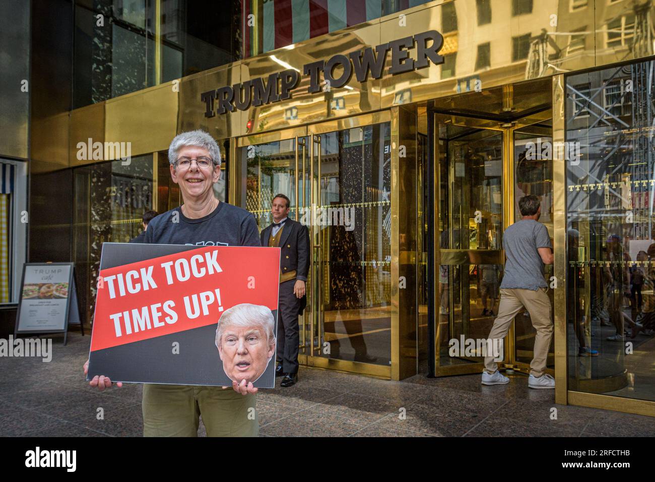 In the wake of the latest Special Counsel Jack Smith's indictement of Donald Trump, members of the activist group Rise and Resist and allies gathered outside Trump Tower in Manhattan on August 2, 2023 demanding state governments to disqualify former President Trump from appearing on ballots in 2024 under the 14th Amendment. The group stated that secretaries of state are empowered by the 14th Amendment to bar Trump from running for office because of his incitement of the January 6, 2021 Capitol insurrection. (Photo by Erik McGregor/Sipa USA) Stock Photo