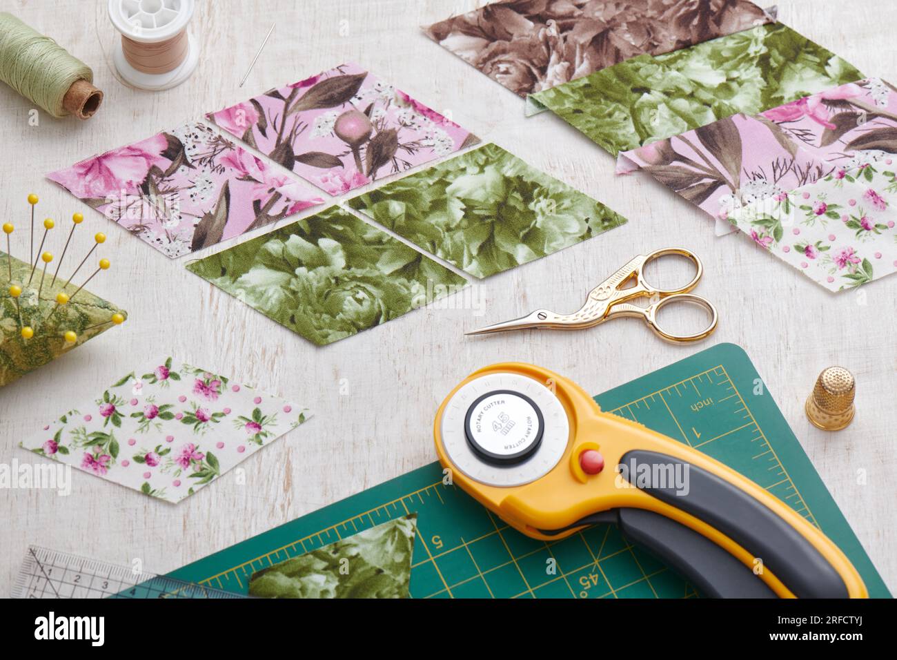 Quilt sewing process. Sewing and quilting accessories. Stock Photo