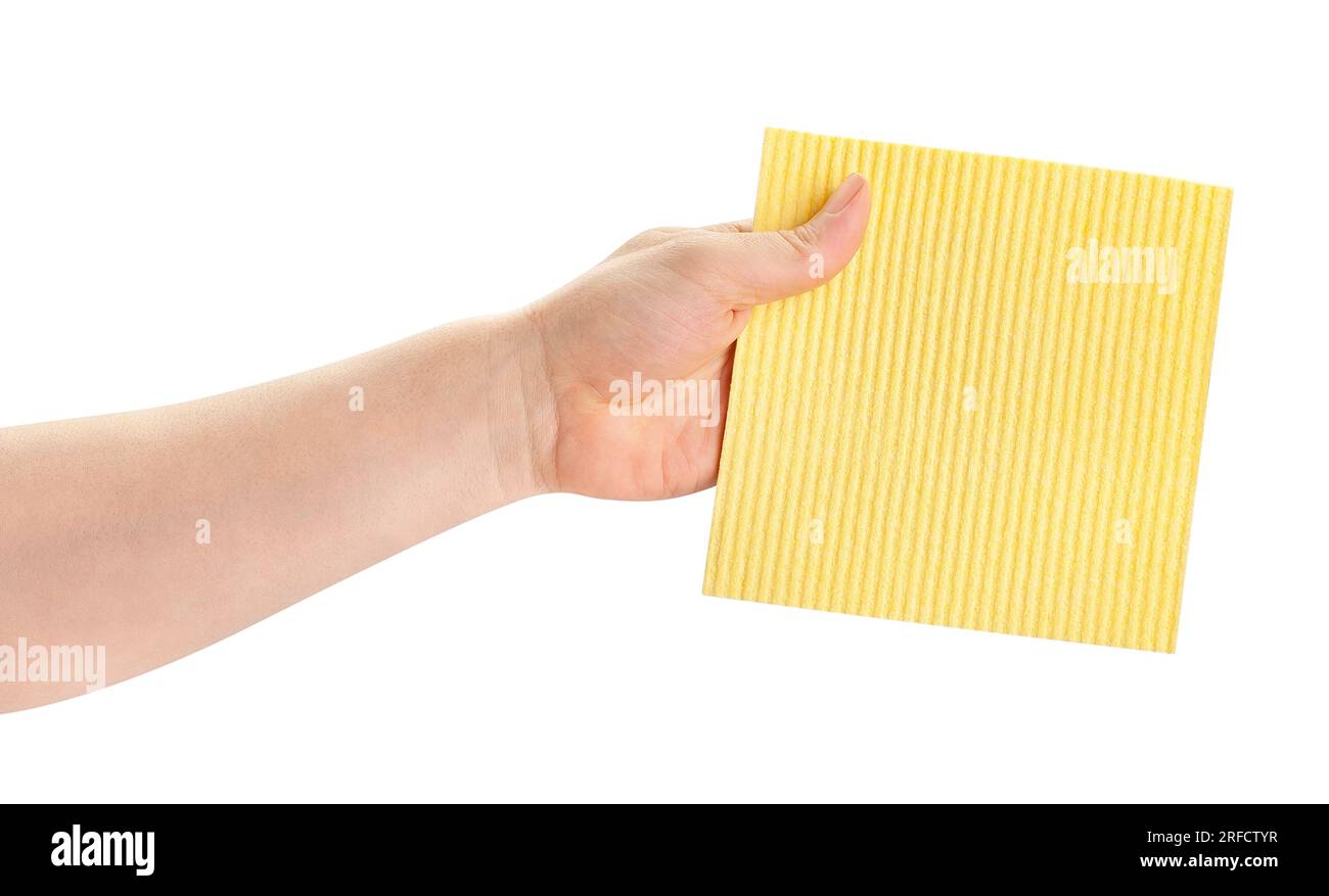 kitchen washable dish cloth in hand path isolated on white Stock Photo