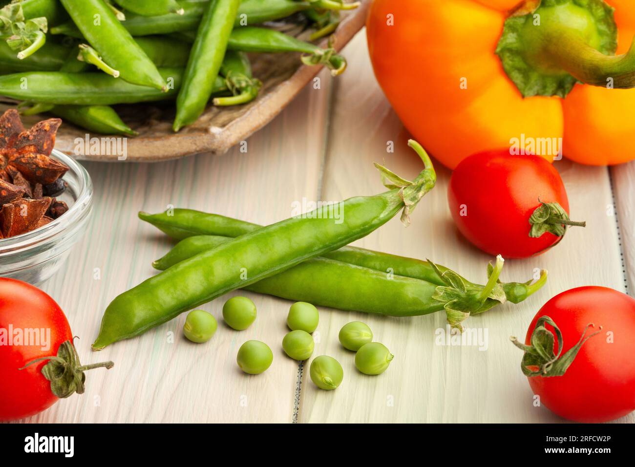 green pea on wood background Stock Photo