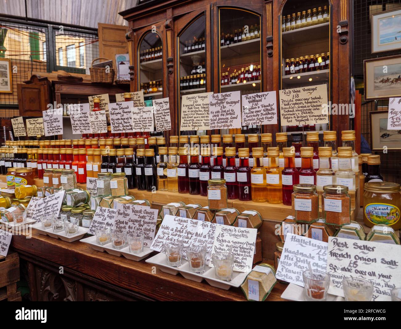 Specialty vinegar and condiment stall at Borough Market, London, England, UK Stock Photo