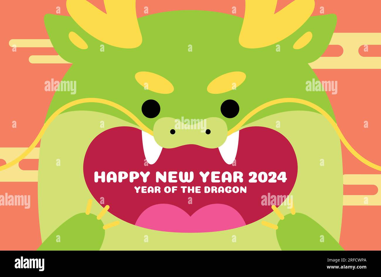 Cute chinese dragon head with mouth open vector card. Year of the dragon 2024, closeup on chinese dragon mouth, lunar new year greetings card vector. Stock Vector