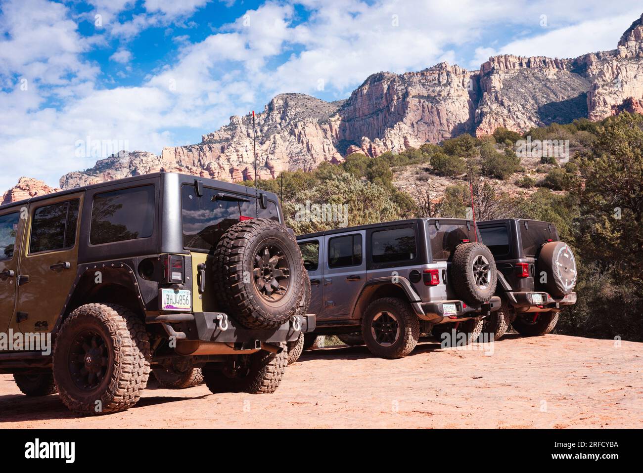 4x4 cars parked up on an off road trail in the red rocks state park in Sedona Arizona Stock Photo