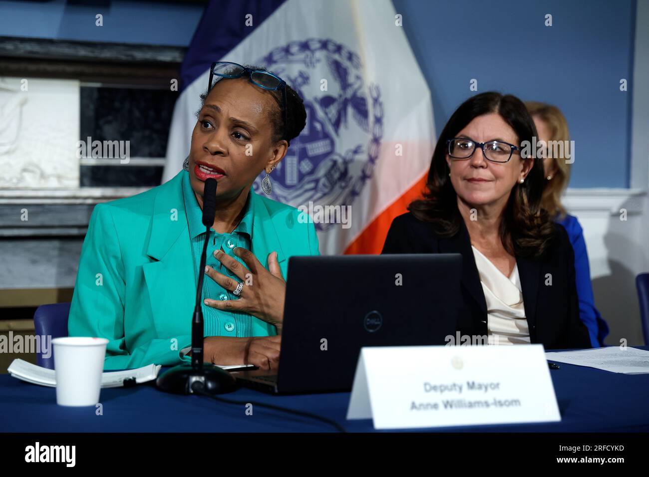 NYU Provost Georgina Dopico (C-Right) joins New York City Deputy Mayor for health and human services Anne Williams-Isom as she holds a briefing on the city's response about asylum seekers at City Hall on August 2, 2023 in New York City, USA. In the absence of a national strategy the Deputy Mayor outlined several current city programs that will enable migrants to gain shelter, education and work visas. However, the city cannot continue to absorb thousands of newcomers on its own; “ the country needs to step up” and share in the burden. (Photo by John Lamparski/Sipa USA) Stock Photo