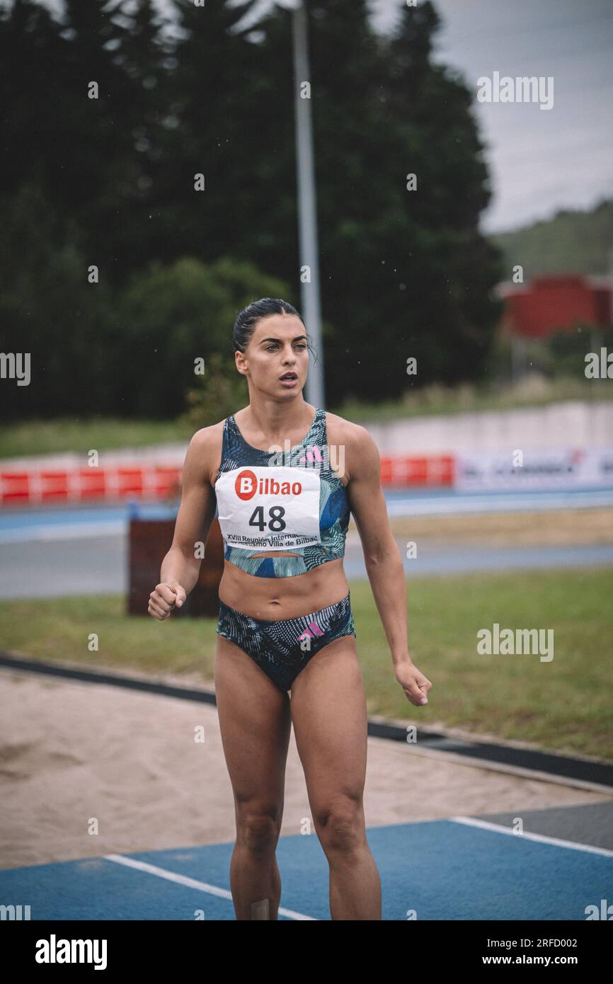Dovil Kilty jumping at the Bilbao International Meeting in Spain in 2023 with his Adidas brand Stock Photo Alamy