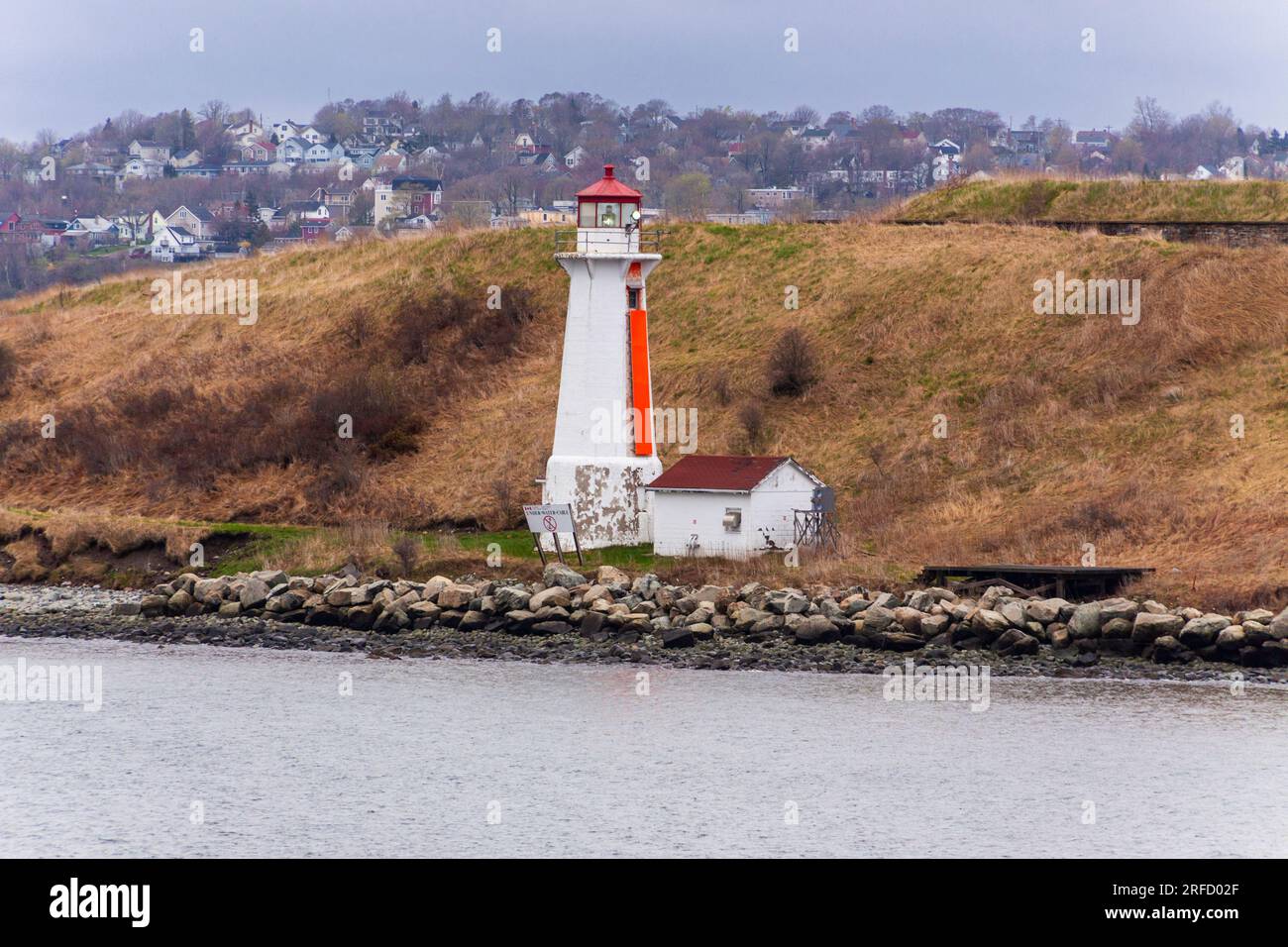 Georges Island Lighthouse, Halifax harbor, Halifax, Nova Scotia, Canada. First lighthouse erected in 1876. The current lighthouse was erected in 1917. Stock Photo