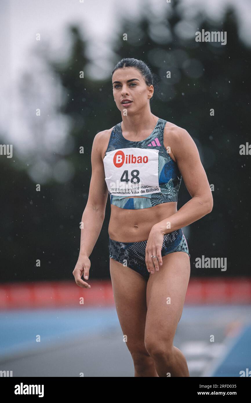 Dovilė Kilty jumping at the Bilbao International Meeting in Spain in 2023  with his Adidas brand Stock Photo - Alamy