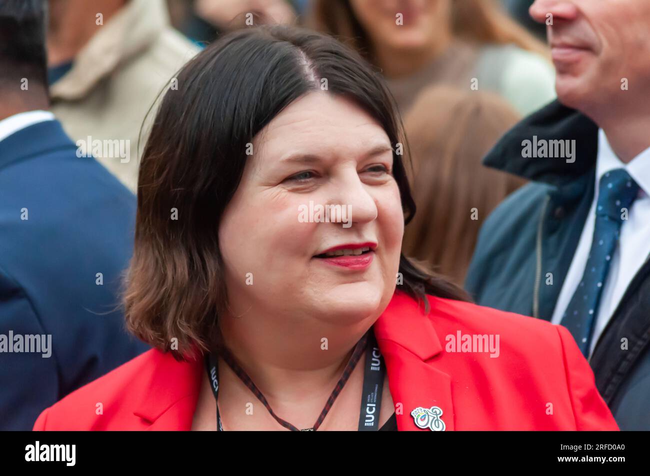 Glasgow, Scotland, UK. 2nd August, 2023. Susan Aitken Leader of Glasgow City Council attends the opening ceremony of the UCI Cycling World Championships held in George Square. Credit: Skully/Alamy Live News Stock Photo
