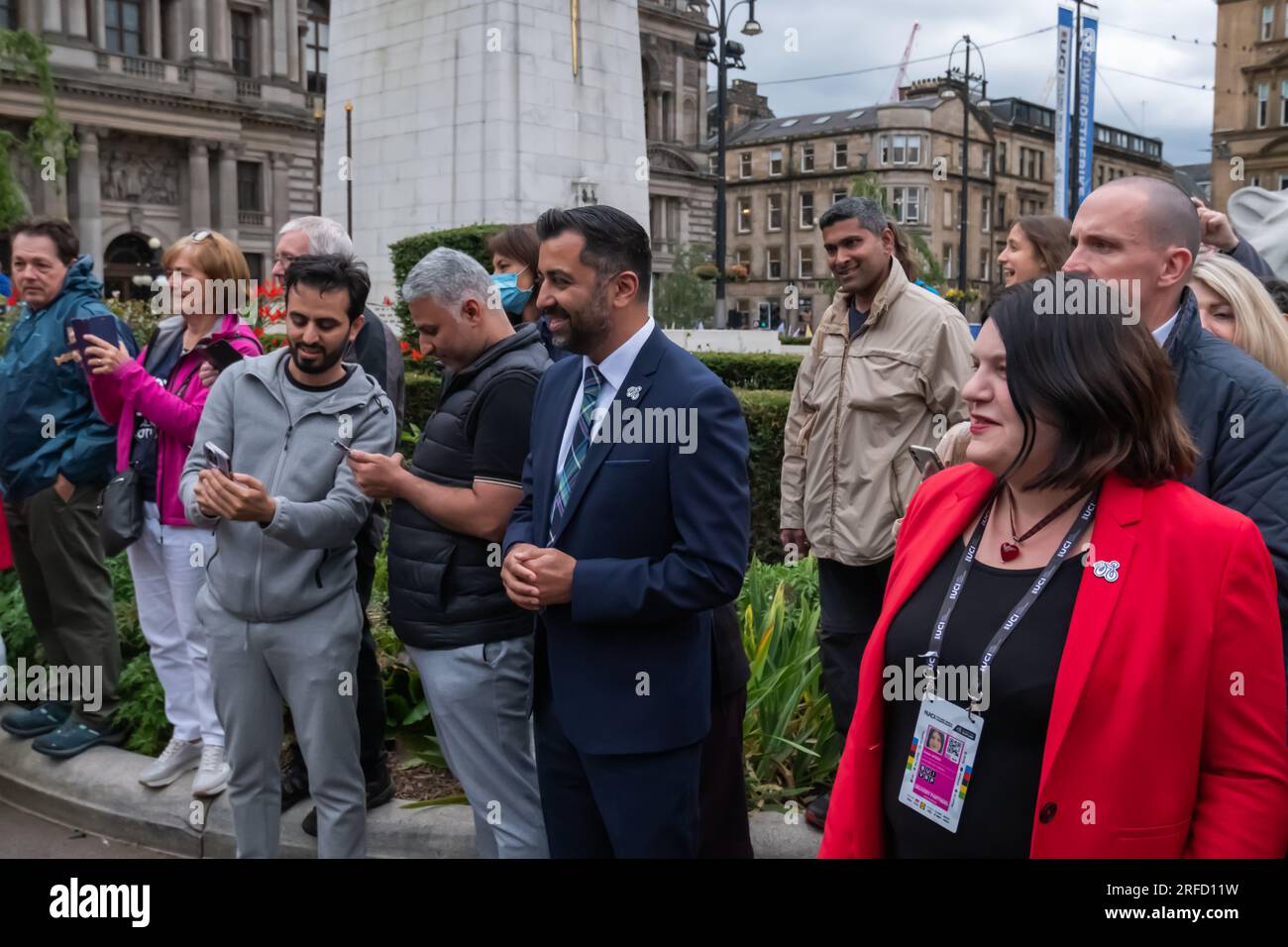 Glasgow, Scotland, UK. 2nd August, 2023. Humza Yousaf MSP First Minister of Scotland and Susan Aitken leader of Glasgow City Council attend the opening ceremony of the UCI Cycling World Championships held in George Square. Credit: Skully/Alamy Live News Stock Photo