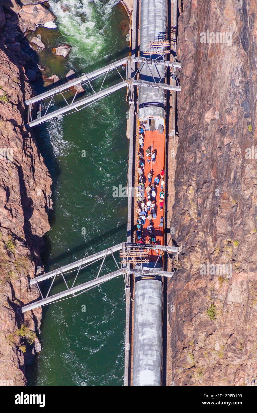 Royal Gorge Route Railroad, a heritage railroad, viewed from the Royal Gorge Suspension Bridge. This vintage train provides a two hour ride. Stock Photo