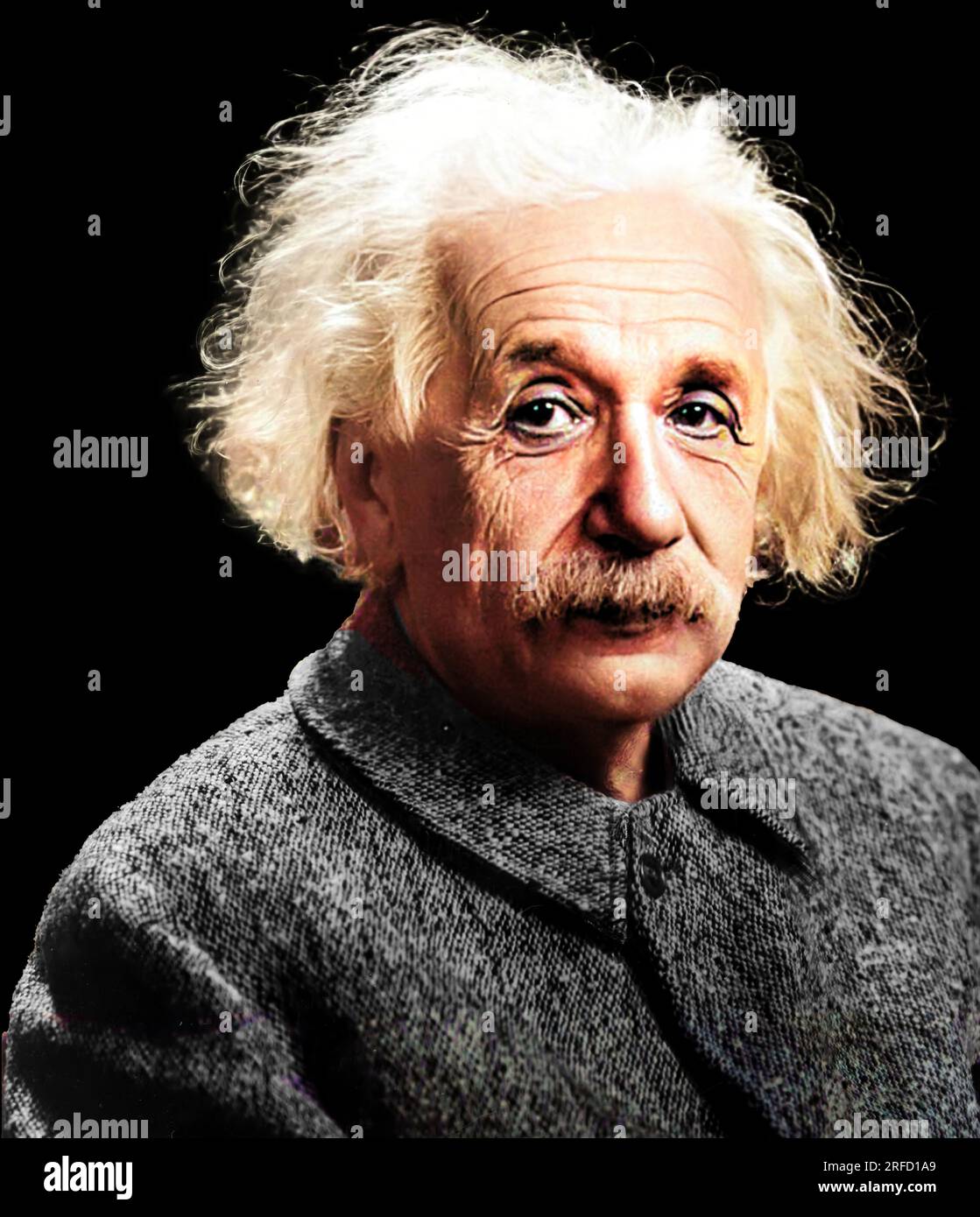 A colourised image of Albert Einstein (1879-1955) Nobel Prize winning theoretical physicist, best known for his theory of relativity. Though born in Germany, he moved to Switzerland in 1895 and in 1901 became a Swiss citizen. In 1933 while visiting America in 1933, Hitler came to power in Germany and because of his Jewish background, he decided t stay there. In 1940 he became an American citizen. Despite his pacifist views he advised the American Government of the dangers of the Nazis developing a nuclear weapon. Stock Photo