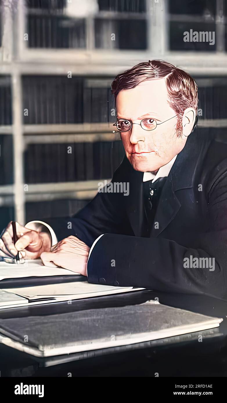 A colourised image of Augustine Birrell, (19 January 1850 – 20 November 1933), Chief Secretary for Ireland 1907-1916. He resigned following criticism of his handling of the 1916 uprising against British rule. He was a British Liberal Party politician and during his time in Ireland he was successful in the passing of the Irish Universities Bill 1908, which allowed the Catholic and Protestant traditions to preserve their own sphere of education. He was also successful in ensuring the passage of the Land Purchase Act of 1909 which allowed for the compulsory purchase of land by the land commission Stock Photo