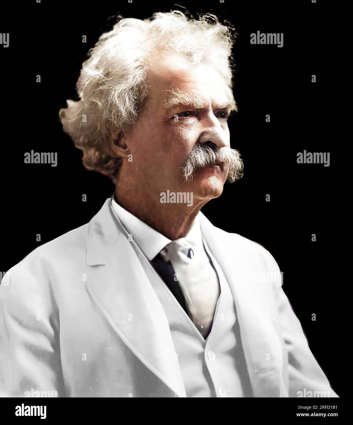 This is a colourised image of Mark Twain, the American writer, publisher and lecturer. The original was taken 20th May 1907. His real name was Samuel Langhorne Clemens. Referred to as the father of American Literature, he is most remembered for his novels, The Adventures of Tom Sawyer and Adventures of Huckleberry Finn. Born shortly after an appearance of Haileys Comet, he always claimed that he would out with. He died of a heart attack the day after the Comet passed close to the earth.      Copyright by A.F. Bradley, N.Y. Stock Photo