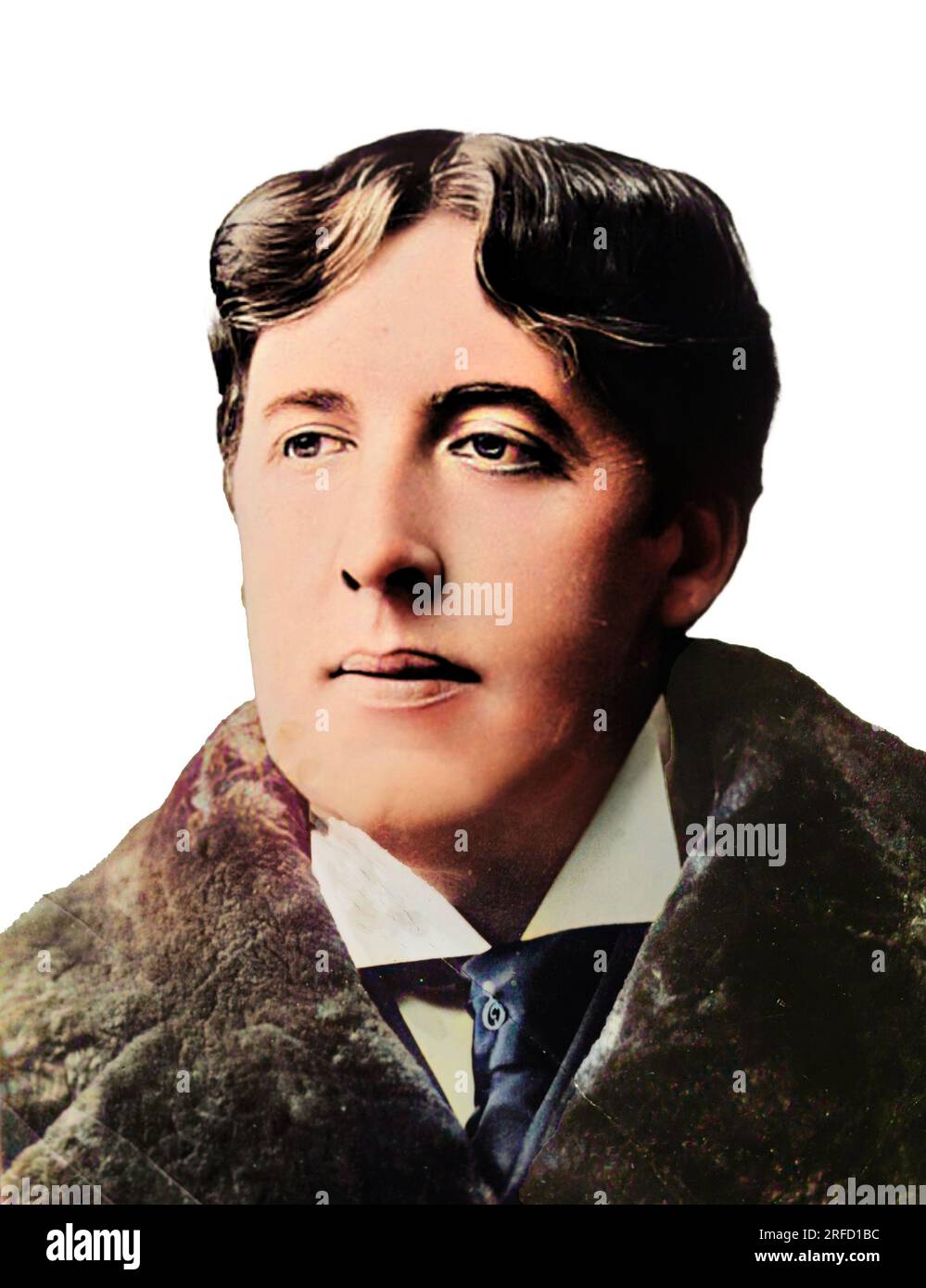 This is a colourised image of Oscar Wilde (1854-1900), the Irish poet and playwright. According to the Bain Collection the original image was taken in 1900, the year of his death. His best known plays,  Lady Windermere's Fan, A Woman of No Importance, and An Ideal Husband are still performed today.An ill judged attempt to prosecute the Marquis of Queensbury for libel failed and Wildes private gay lifestyle was exposed.This led to his prosecution for gross indecency and he was jailed for two years (1895-1897). On his release from jail he moved to France and died from meningitis in 1900. Stock Photo